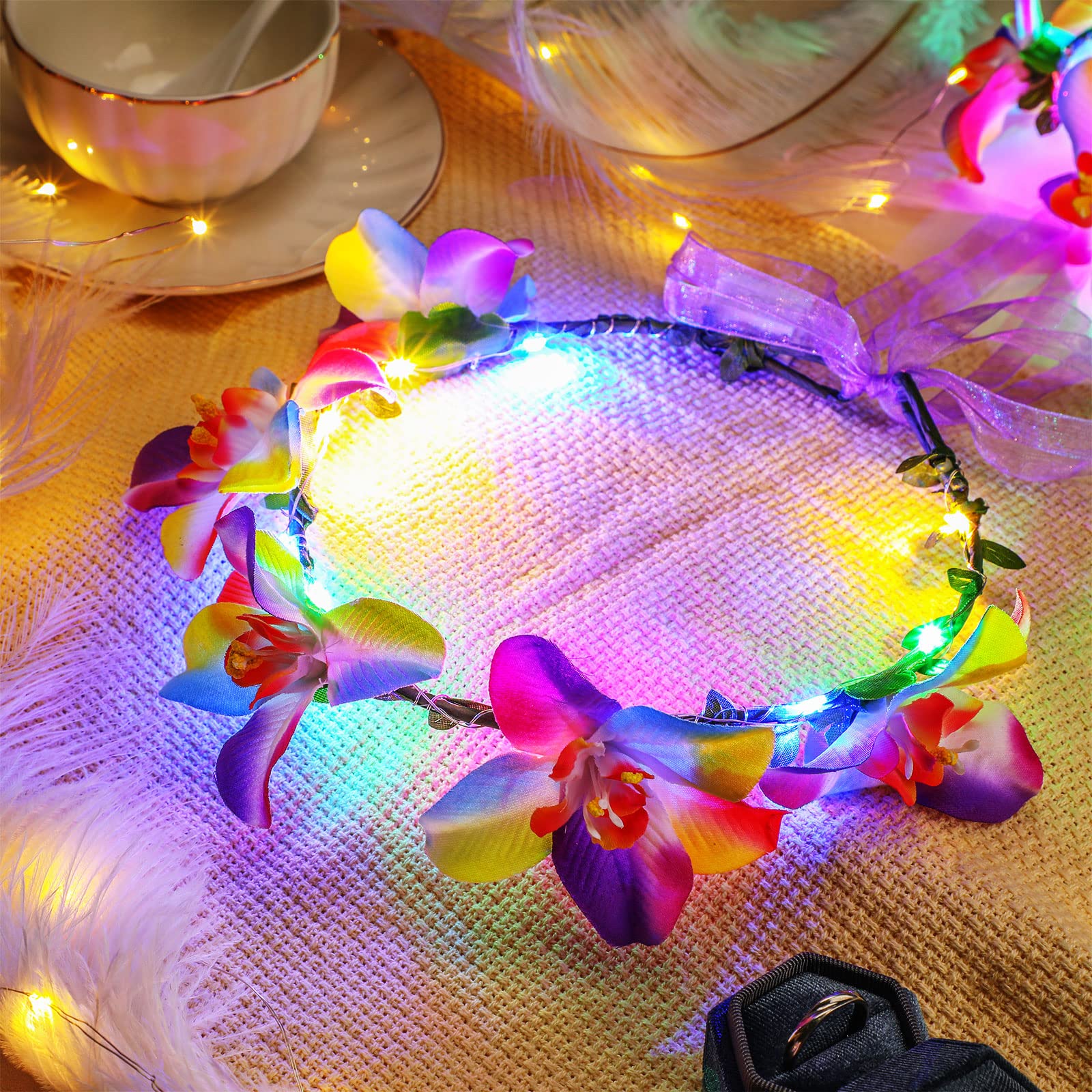 Sinmoe Flower Crown Headband, 6 Pcs Tropical LED Flower Wreath Light up Headband Glow in the Dark, Floral Costume Headwear for Women Girl Adult Birthday Party