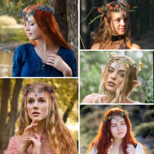 MOSTORY Handmade Elf Flower Crown - Woodland Fairy Headpiece Forest Floral Circlet Elven Wreath for Women Girls Cosplay Halloween Renaissance Christmas Party Photo Shoot