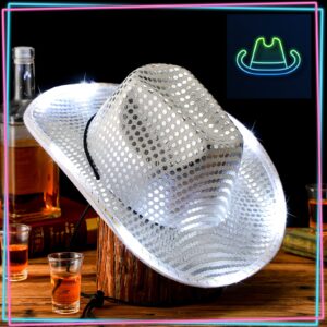 Kigeli Cowboy Hat, 10 Pcs Lights LED Cowboy Hat for Western Role Play, One Size, Silver, Sequin (RH-Kigeli-956)