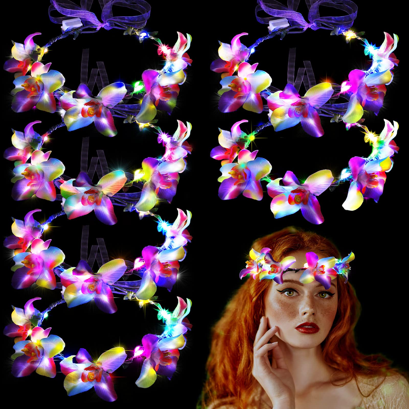 Sinmoe Flower Crown Headband, 6 Pcs Tropical LED Flower Wreath Light up Headband Glow in the Dark, Floral Costume Headwear for Women Girl Adult Birthday Party