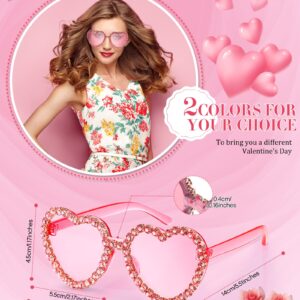 TOODOO 2 Pairs Rhinestone Heart Sunglasses Red Heart Shape Rimless Sunglasses for Women Transparent Heart Glasses (Pink, Rose Red)