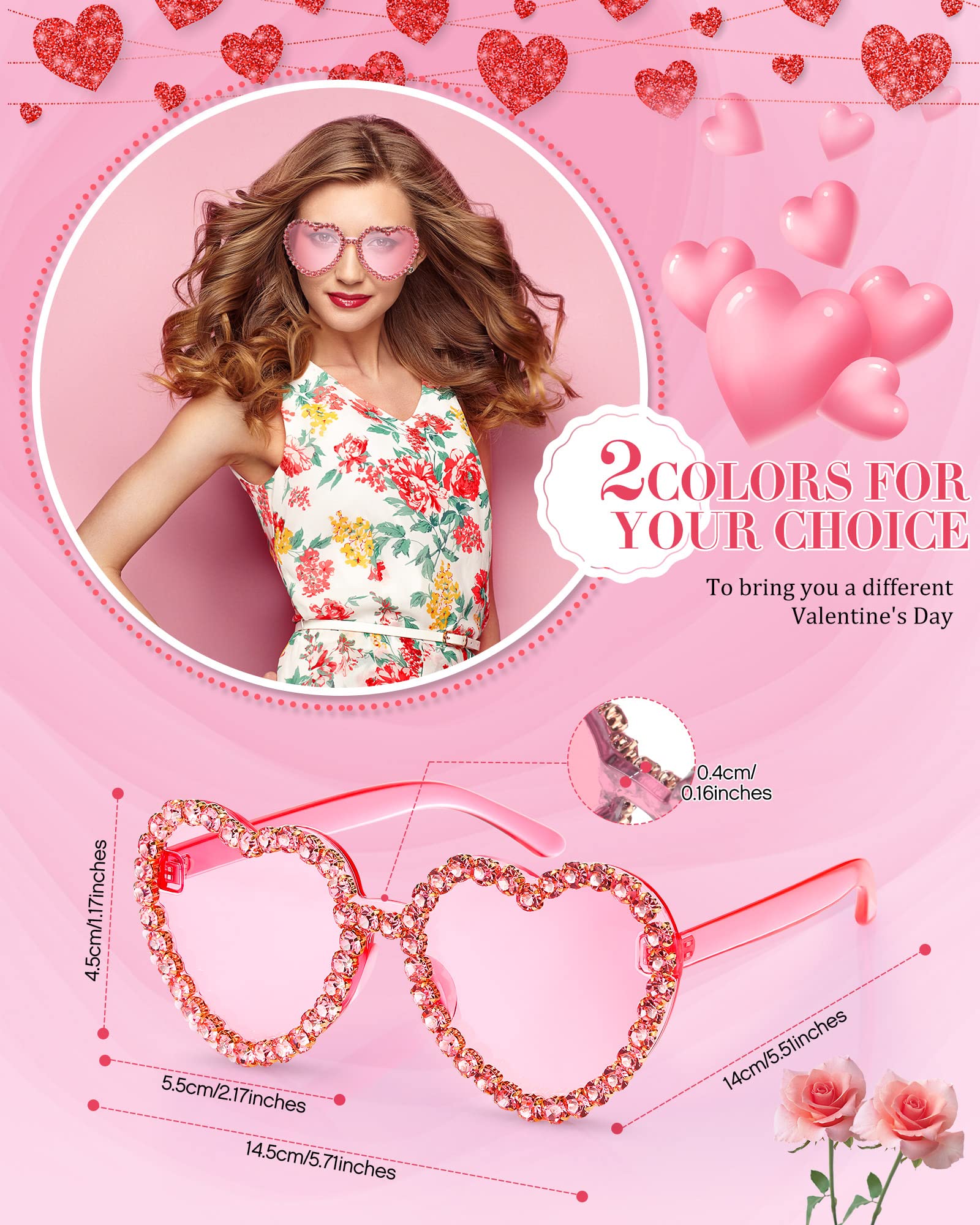 TOODOO 2 Pairs Rhinestone Heart Sunglasses Red Heart Shape Rimless Sunglasses for Women Transparent Heart Glasses (Pink, Rose Red)