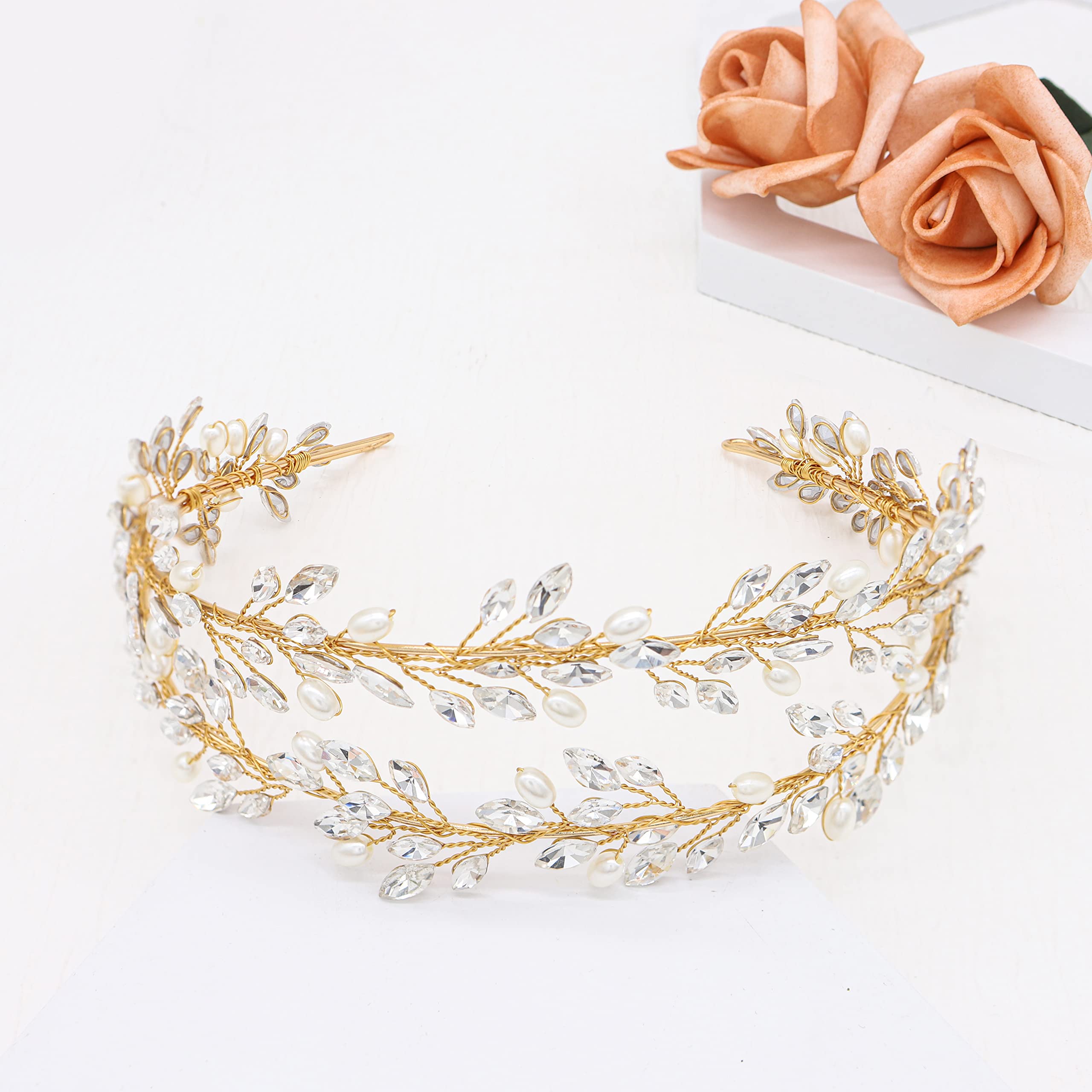 Oriamour Bridal Crystal Headbands Double Layer Wedding Headdress Gold Wedding Headpieces For Women (Gold)