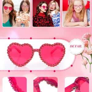 TOODOO 2 Pairs Rhinestone Heart Sunglasses Red Heart Shape Rimless Sunglasses for Women Transparent Heart Glasses (Pink, Rose Red)