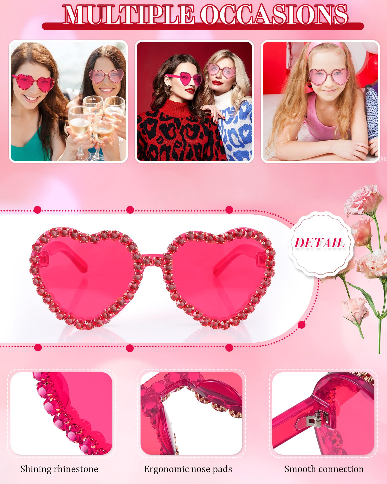 TOODOO 2 Pairs Rhinestone Heart Sunglasses Red Heart Shape Rimless Sunglasses for Women Transparent Heart Glasses (Pink, Rose Red)