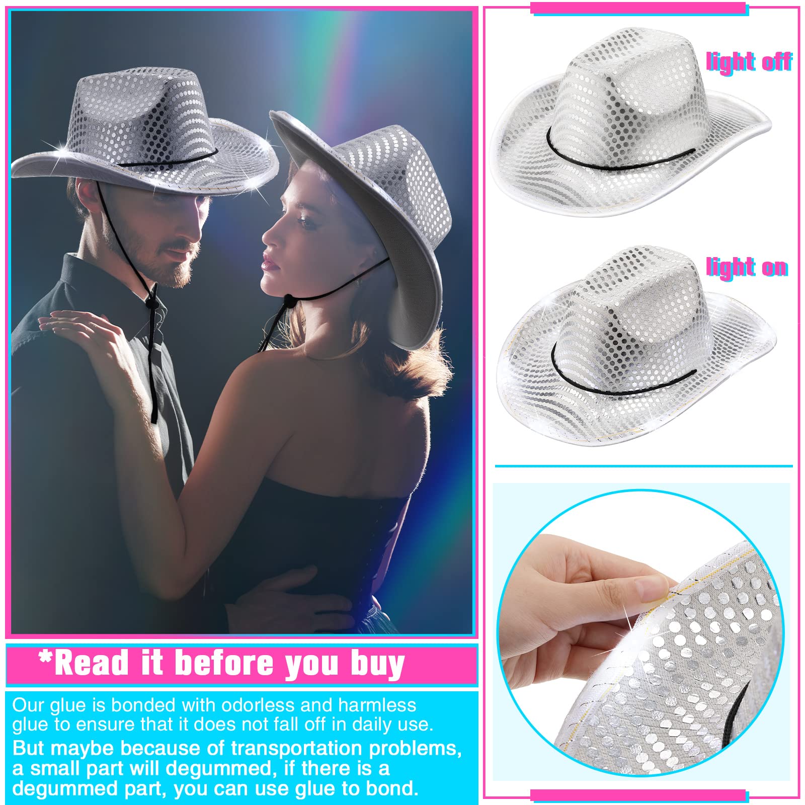 Kigeli Cowboy Hat, 10 Pcs Lights LED Cowboy Hat for Western Role Play, One Size, Silver, Sequin (RH-Kigeli-956)