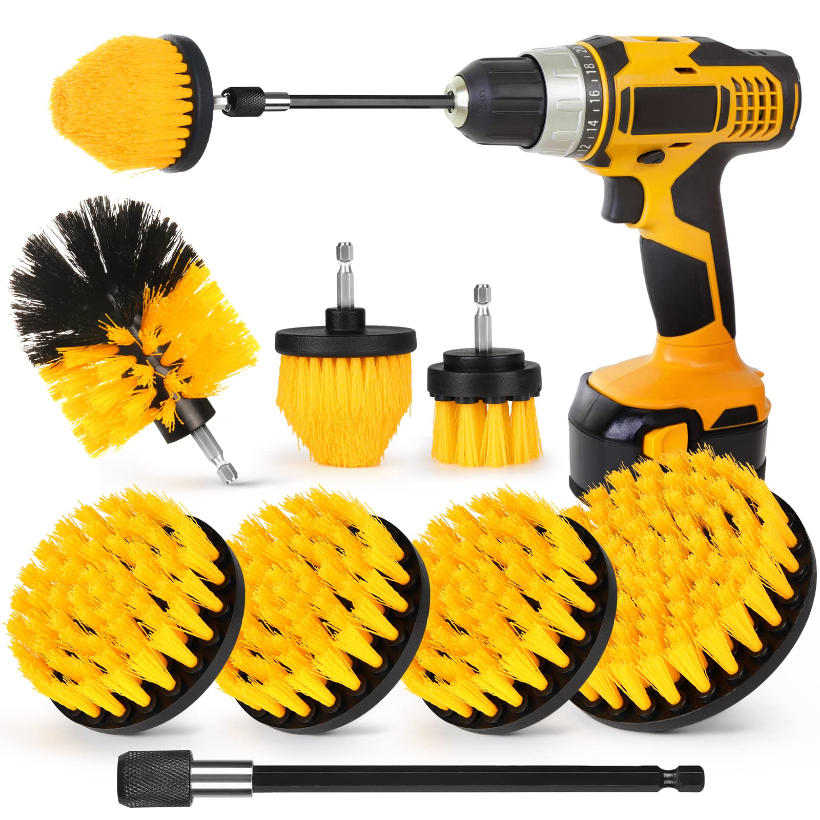 Drill Brush Attachment Set, 7 Pack 1/4in Power Scrubber Brush + Extend Long Attachment, Brush Drill Attachment, Power Cleaning Scrub Brush for Bathroom, Tub, Tile, Corner, Floor