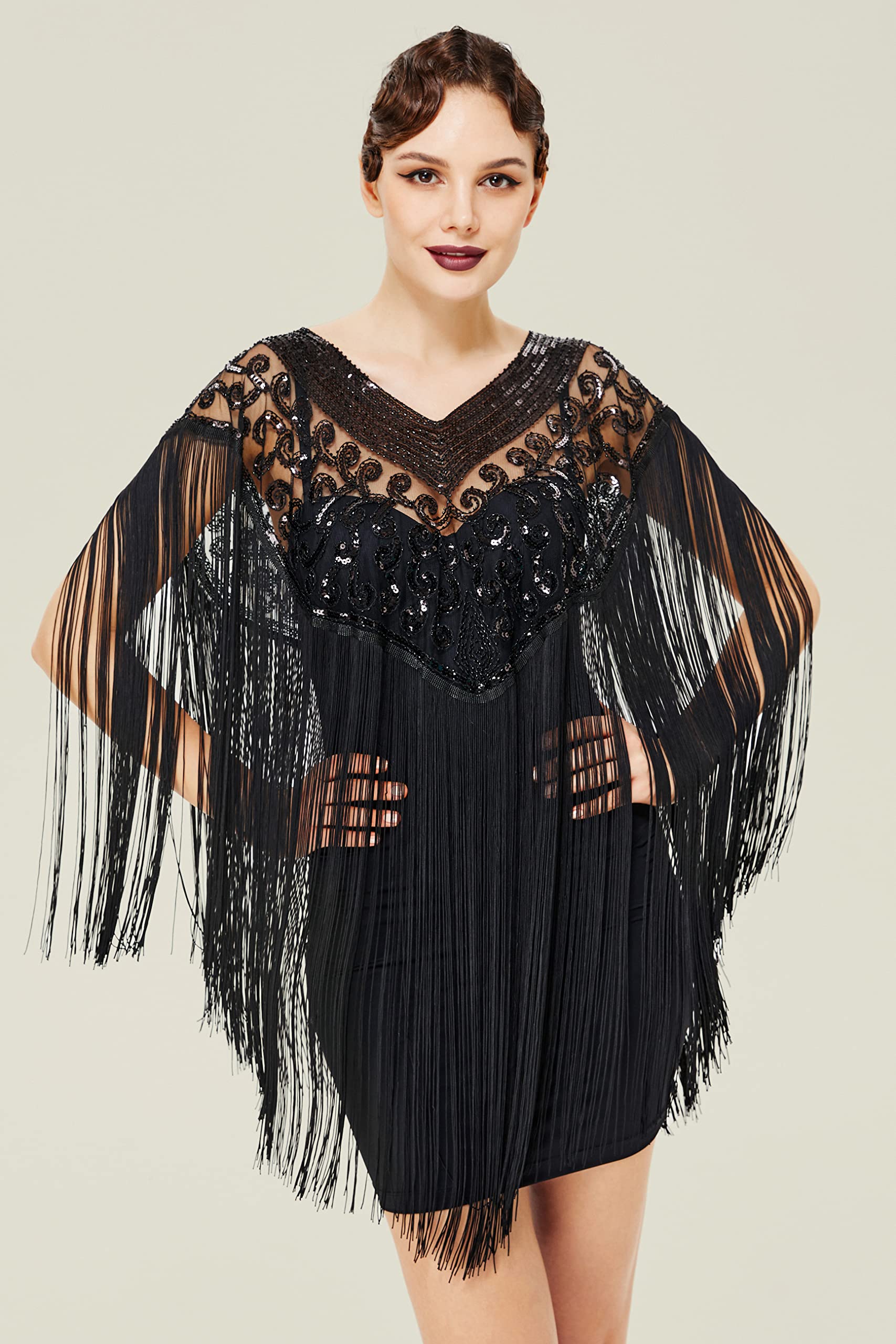 BABEYOND 1920s Shawl Wraps Long Fringed Evening Cape Sequin Beaded Party Shawl