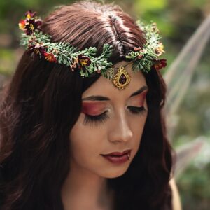 MOSTORY Handmade Elf Flower Crown - Woodland Fairy Headpiece Forest Floral Circlet Elven Wreath for Women Girls Cosplay Halloween Renaissance Christmas Party Photo Shoot