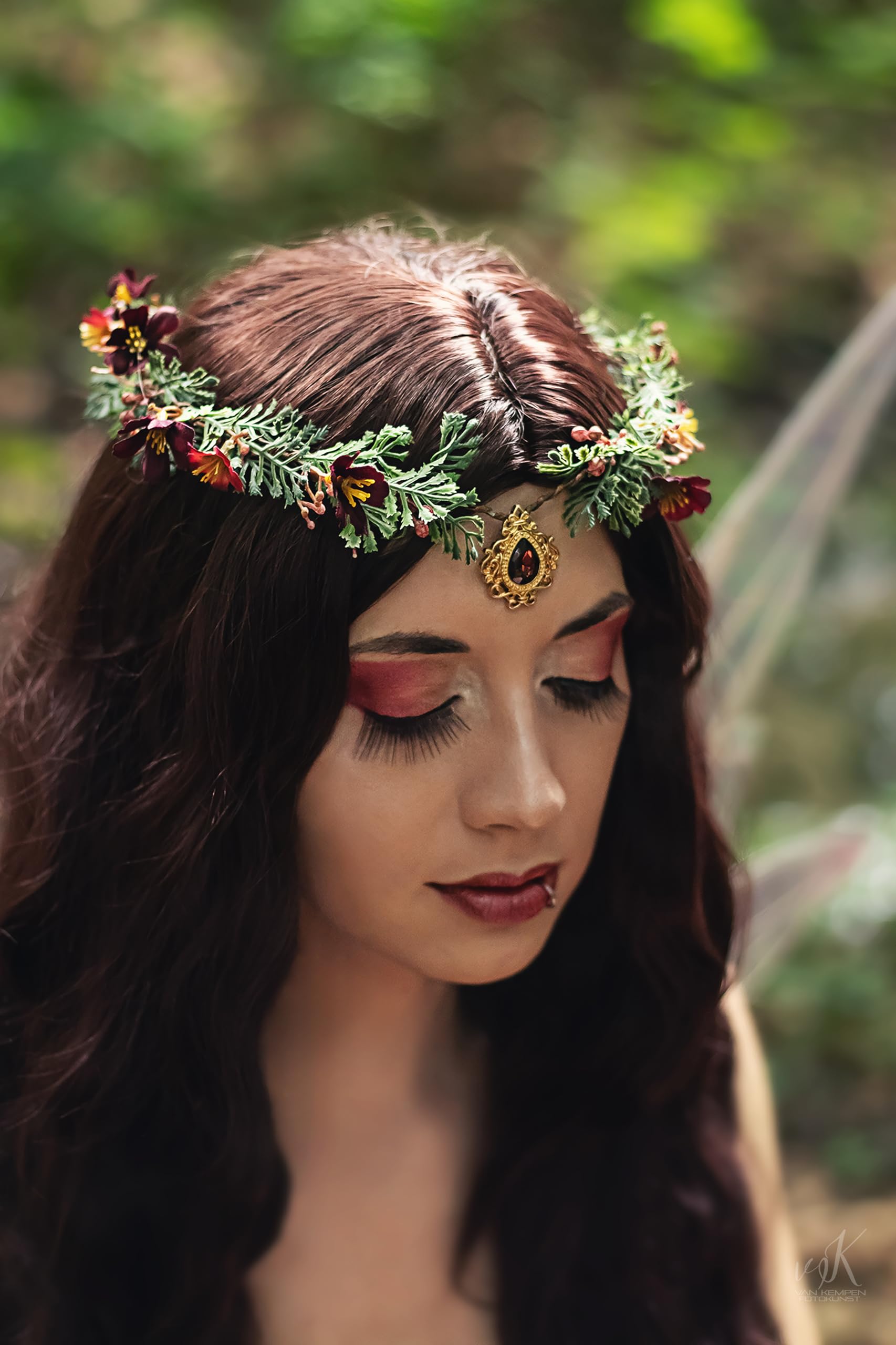 MOSTORY Handmade Elf Flower Crown - Woodland Fairy Headpiece Forest Floral Circlet Elven Wreath for Women Girls Cosplay Halloween Renaissance Christmas Party Photo Shoot