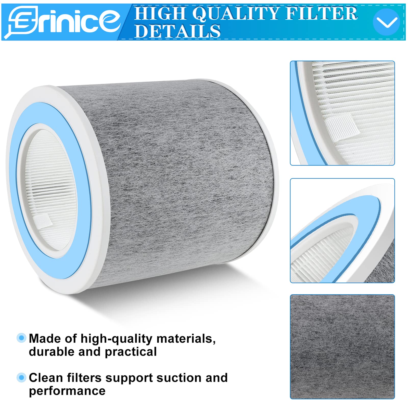 Erinice HP102 Replacement Filters for Shark Air Purifier HP100 Series HC452 Accessories, 3-in-1 Model HC450 HC451 HC452 HC455 H13 Grade True Air Purifier Filter, Compare to Part #HE1FKBAS & #HE1FKPET