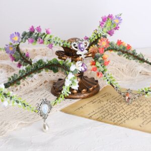 MOSTORY Woodland Fairy Flower Crown - Floral Elf Headpiece with Crystal V-shape Elven Tiara Wreath Boho Headband for Women Girl Renaissance Cosplay Halloween Christmas Party Wedding