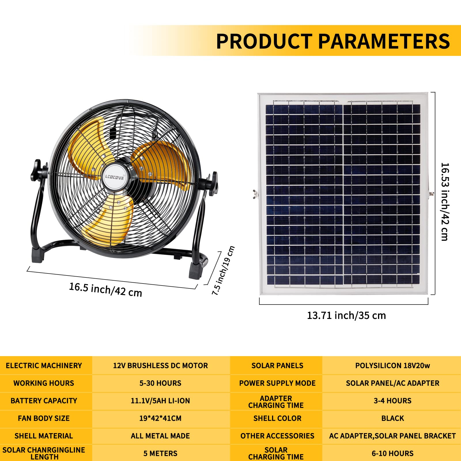 lcocove Battery Operated Solar Fan, Home or Outdoor Portable Fan, Battery Can Running 5-24 Hours, Design For Camping，Hurricane Fan,with USB Output For Emergency Situation Without Electric(black)