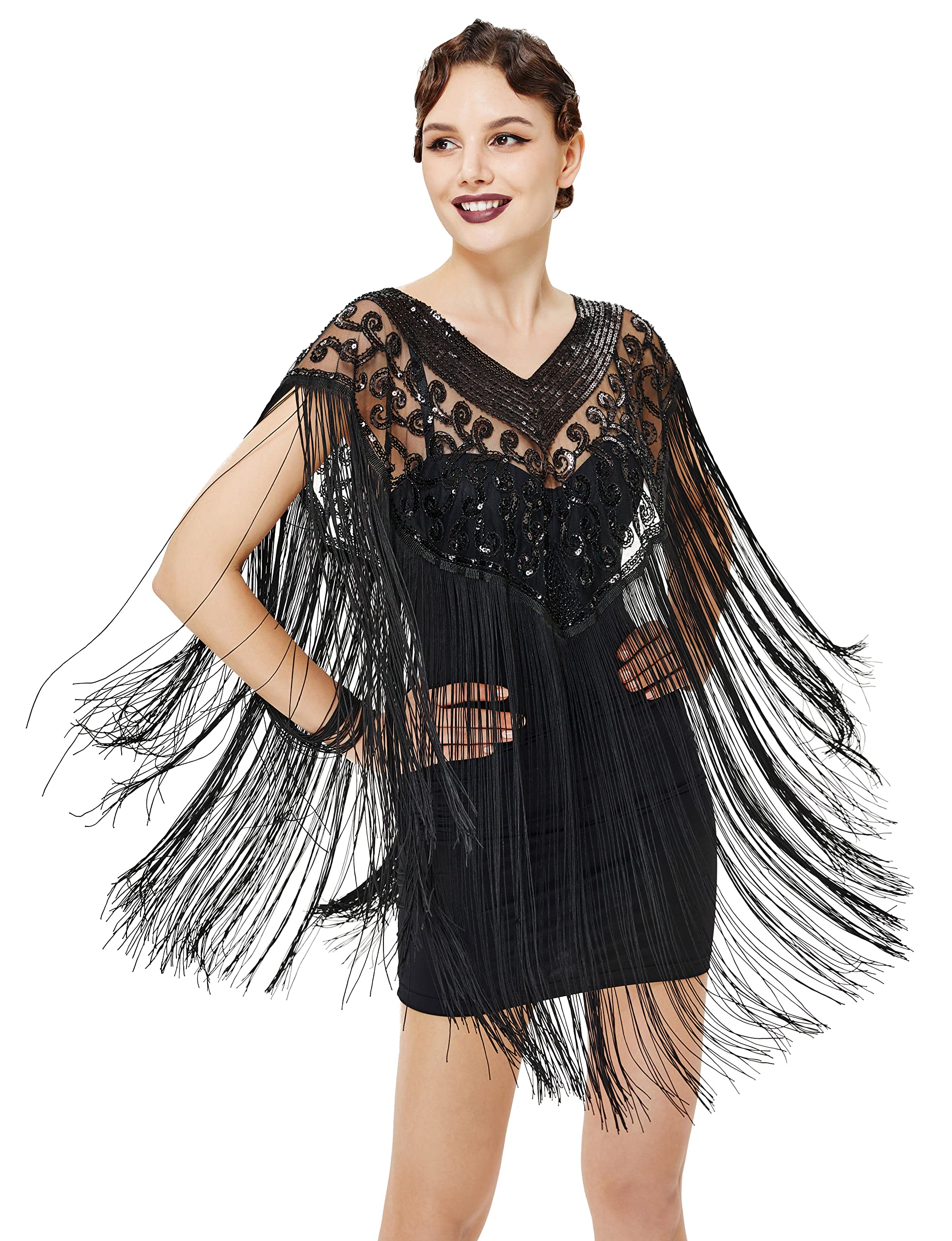 BABEYOND 1920s Shawl Wraps Long Fringed Evening Cape Sequin Beaded Party Shawl