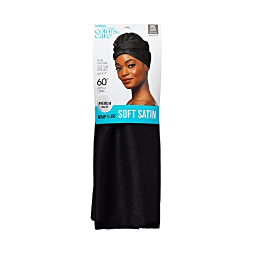 KISS COLORS & CARE Soft Satin Wrap Scarf - Black, Long Lasting, Multi-Purpose, Soft Premium Scarf For Minimizing Frizz, Preventing Breakage & Securing Hair Styles, Wigs & Weaves For All Hair Styles