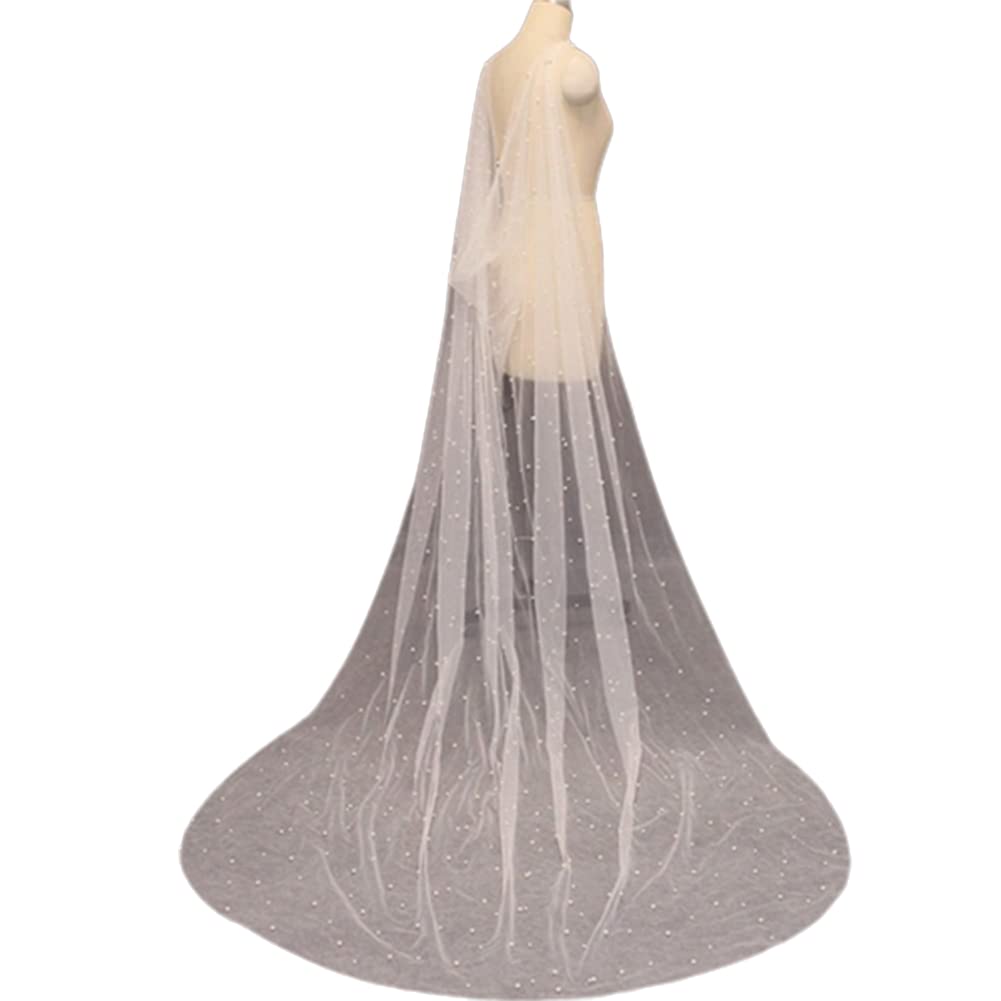 Ivory Long Wedding Shawl Cloak Pearl Veil Bead Bridal Capes For Bride (IVORY)