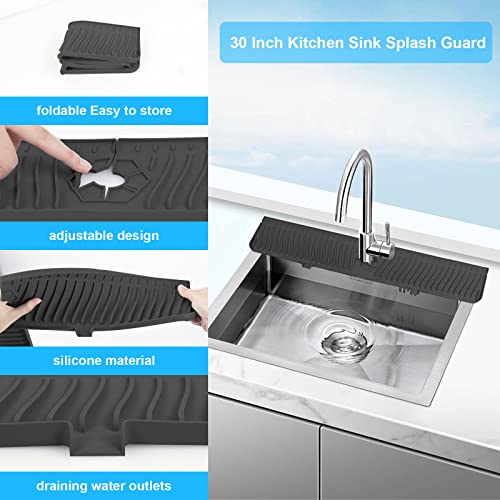 Derlights 30 inch Sink Splash Guard Mat,Silicone Faucet Handle Drip Catcher Tray, Longer Silicone Sink Mat for KitchenBathroom, Drip Protector Splash Countertop (black)