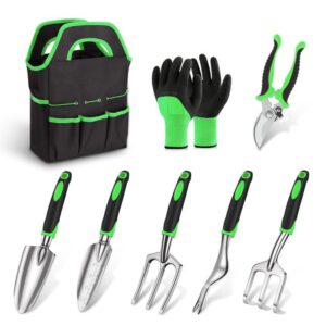 sungwoo garden tool set 8 piece, heavy duty and lightweight aluminium alloy tools with ergonomic handle, storage tote bag, gardening hand tools, gardening gifts for women and men green