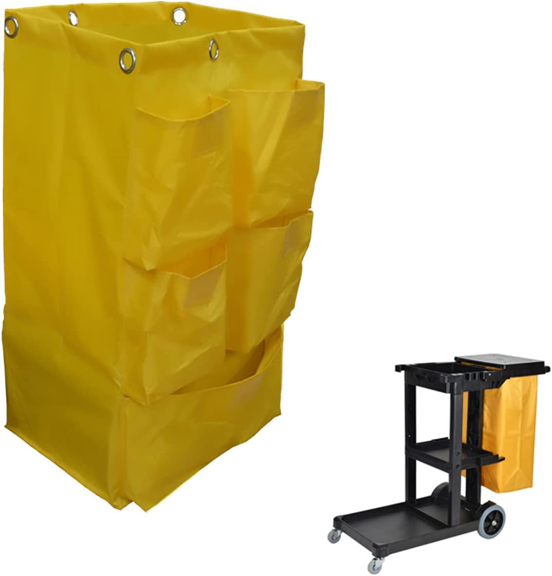 Replacement Janitorial Cart Bag(16 x 11 x 27 inches), Cleaning Cart Bag ,High Capacity Waterproof Thickened Housekeeping Commercial Janitorial (Yellow with 5 Pockets)