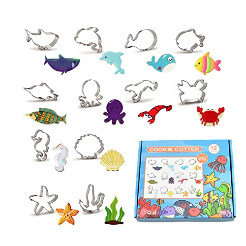 Ocean Creatures Cookie Cutters Set of 12, Metal Under the Sea Cookie Cutter Molds for Baking Dolphin,Clownfish,Octopus,Seahorse,Starfish,Jellyfish,Seashell,Shark Shaped Sandwich Fondant Biscuit Molds