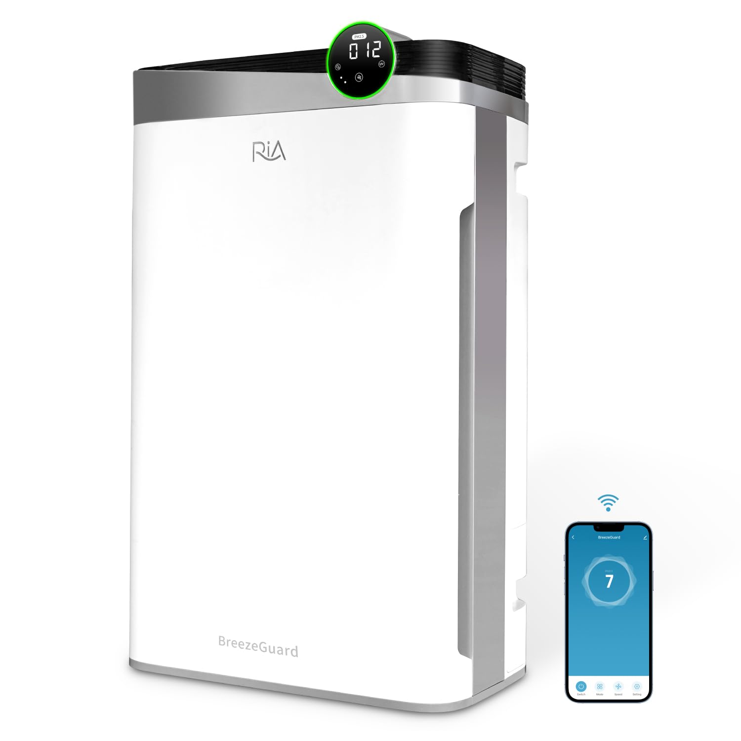 RIA Smart Air Purifier BreezeGuard 2-in-1 Built-in Humidifier - Quiet Industrial Grade Air Cleaner for Large Homes up to 2500 SqFt| Smart App, Office, Wildfire Smoke Dust PM2.5, Allergens & Pet Dander