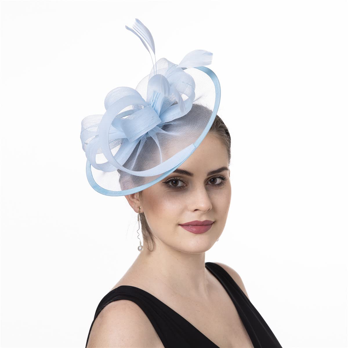 SAFERIN Fascinator for Women Hair Clip Hat Bowler Feather Flower Veil Wedding Party Hat Tea Hat(SZ1-Light Blue)