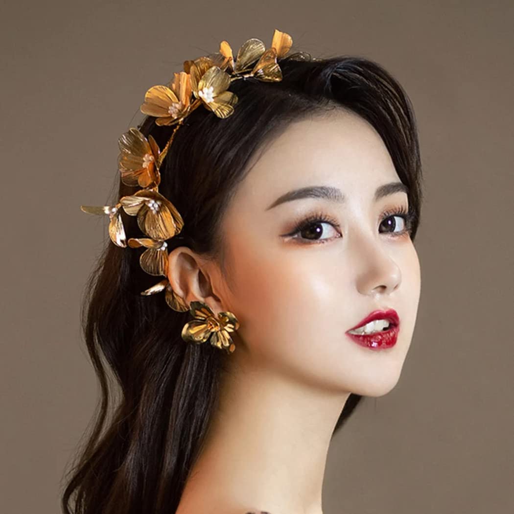 Catery Flower Bride Headband Gold Petal Hair Vine Pearl Bridal Headpiece Floral Golden Leaf Hair Piece Wedding Hair Accessories for Women and Girls