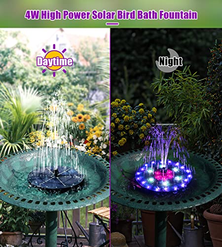 SZMP Solar Fountain 4W Bird Bath Fountains 2024 Upgraded 60LED Lights, Solar Powered Fountain Pump Built-in 4000 Battery with 7 Nozzle & 4 Fixer, Solar Water Fountain for Garden, Bird Bath, Pool, Pond