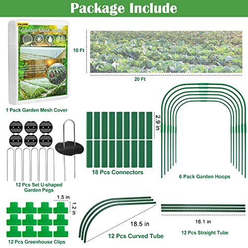 Unves 67 Pcs Garden Netting Kit, 10x20Ft Ultra Garden Mesh Mosquito Netting with 6 Garden Hoops& 12 Clips, Bird Fruit Tree Netting for Raised Beds Vegetable Flowers Protection Barrier Plant Covers Net