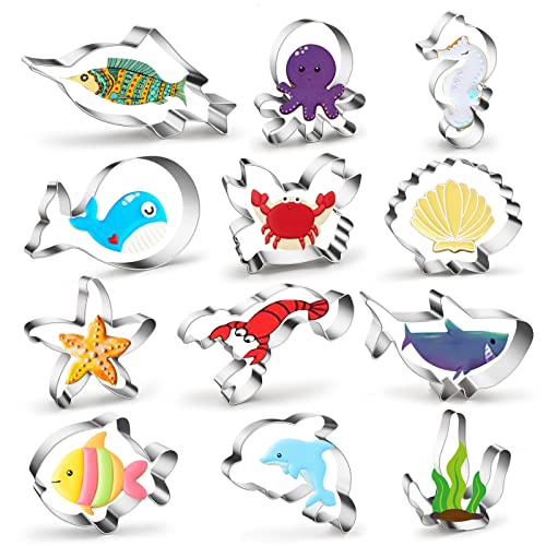 Ocean Creatures Cookie Cutters Set of 12, Metal Under the Sea Cookie Cutter Molds for Baking Dolphin,Clownfish,Octopus,Seahorse,Starfish,Jellyfish,Seashell,Shark Shaped Sandwich Fondant Biscuit Molds