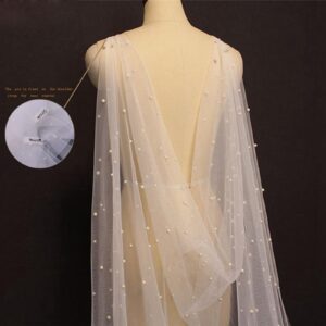 Ivory Long Wedding Shawl Cloak Pearl Veil Bead Bridal Capes For Bride (IVORY)