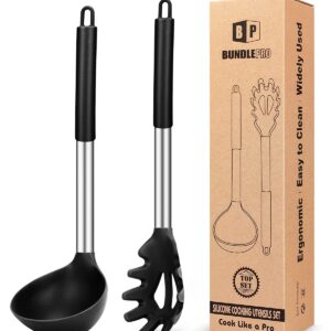 Silicone Pasta Fork and Ladle Spoon Set, Large Non Stick Kitchen Utensils for Cooking,Stirring,Serving Spaghetti, Soup, Sauce (BLACK)