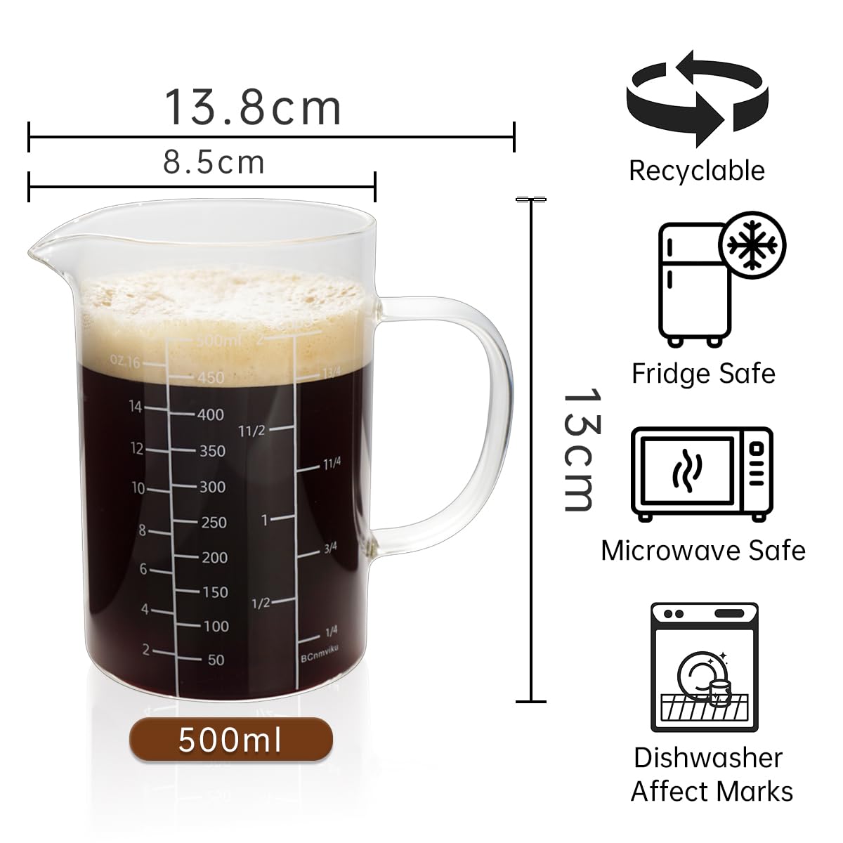 BCnmviku 500ML 2 CUP Glass Measuring Cup With Handle, High Borosilicate Glass Three Scales (OZ, Cup, ML/CC for Kitchen or Restaurant Easy To Read