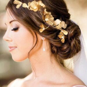 Catery Flower Bride Headband Gold Petal Hair Vine Pearl Bridal Headpiece Floral Golden Leaf Hair Piece Wedding Hair Accessories for Women and Girls