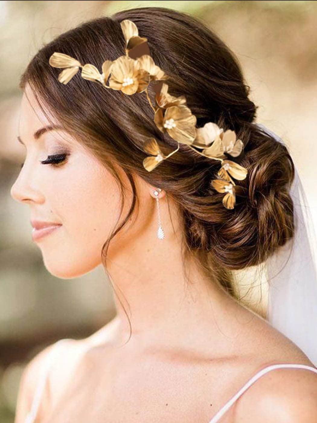 Catery Flower Bride Headband Gold Petal Hair Vine Pearl Bridal Headpiece Floral Golden Leaf Hair Piece Wedding Hair Accessories for Women and Girls