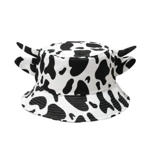 cow print bucket hat with cute horn ears cow print summer beach sun hat fisherman's cow bucket hat (white)