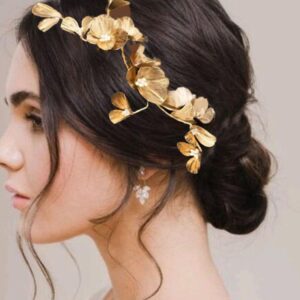 Catery Flower Bride Headband Gold Petal Hair Vine Pearl Bridal Headpiece Floral Golden Leaf Hair Piece Wedding Hair Accessories for Women and Girls