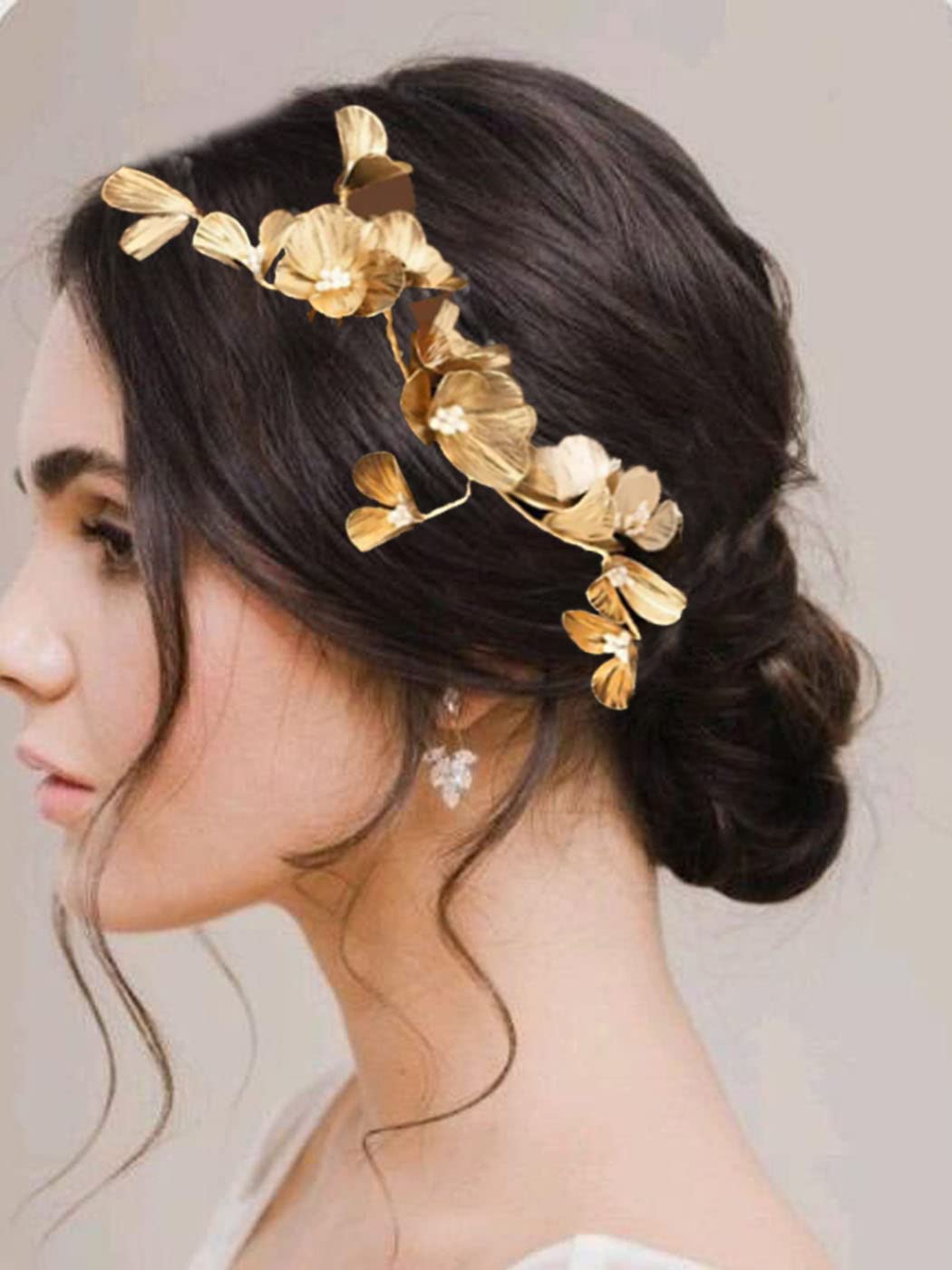 Catery Flower Bride Headband Gold Petal Hair Vine Pearl Bridal Headpiece Floral Golden Leaf Hair Piece Wedding Hair Accessories for Women and Girls