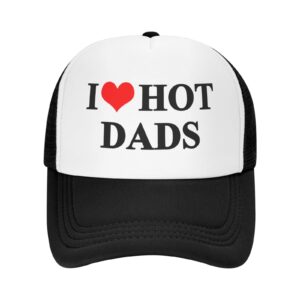 I Love Heart Hot Dads Hat Unisex Adult Trucker Hats Adjustable Cap for Adults Classic Fishing Caps Black