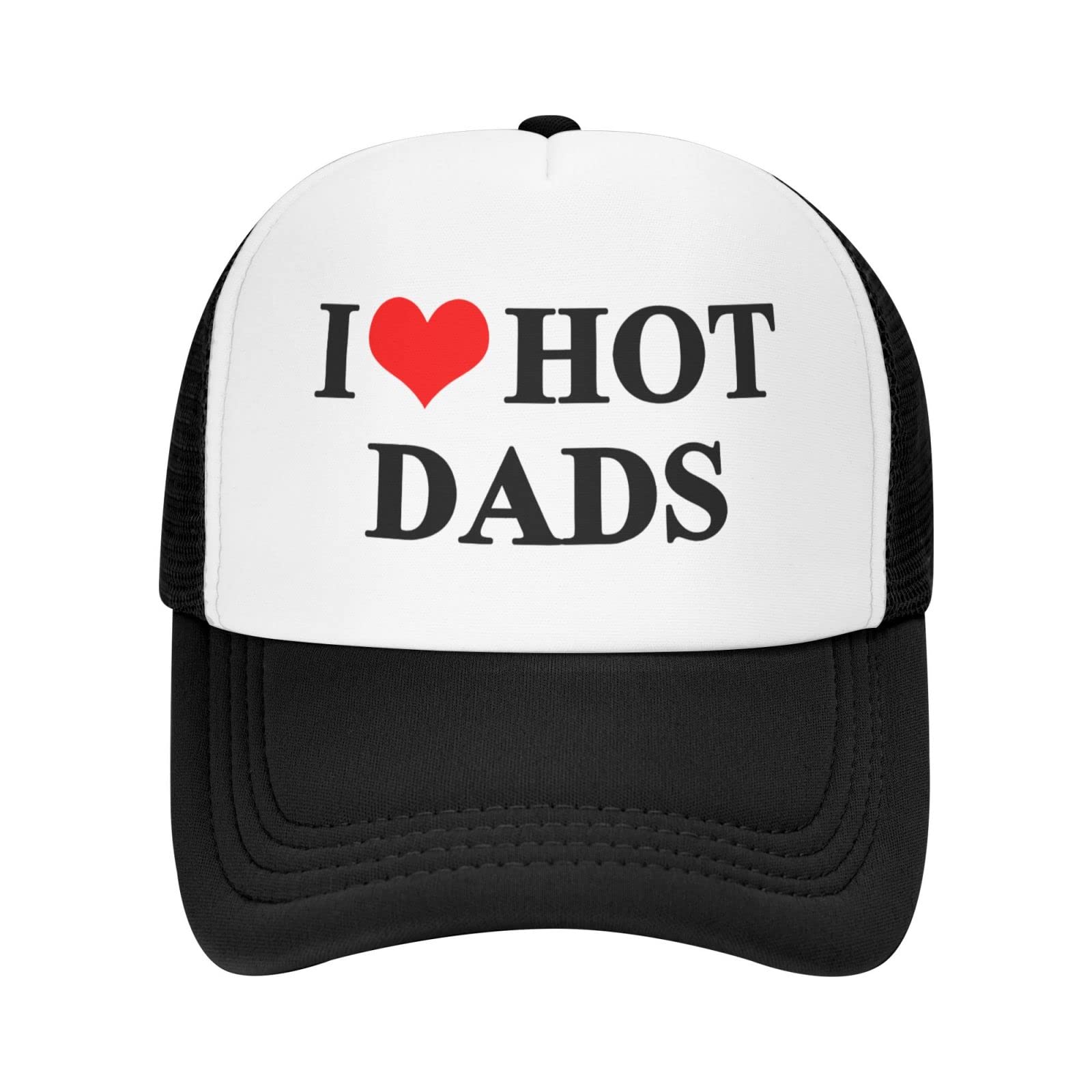 I Love Heart Hot Dads Hat Unisex Adult Trucker Hats Adjustable Cap for Adults Classic Fishing Caps Black