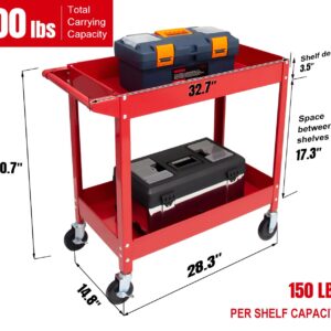 HPDMC 2-Tier Utility Cart 300lbs Capacity Heavy Duty Steel Service Cart with Wheels, Rolling Tool Cart on Wheels, Garage Tool Push Cart for Mechanic, Garage, Workshop, Warehouse, Office