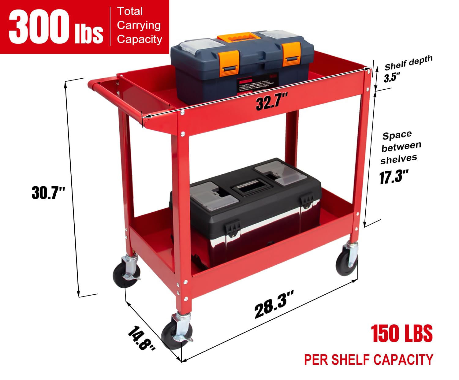 HPDMC 2-Tier Utility Cart 300lbs Capacity Heavy Duty Steel Service Cart with Wheels, Rolling Tool Cart on Wheels, Garage Tool Push Cart for Mechanic, Garage, Workshop, Warehouse, Office