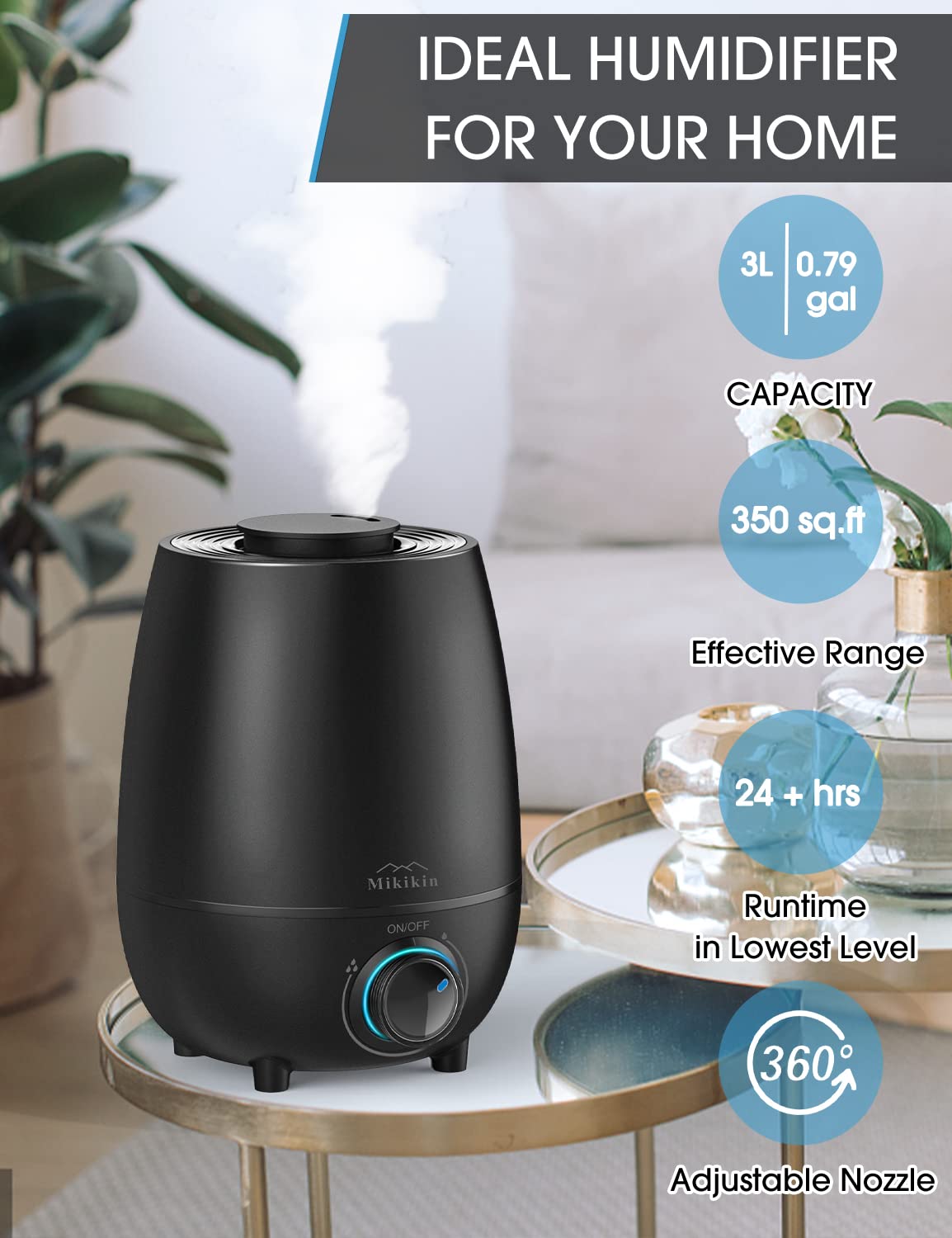 Humidifiers for Bedroom Large Room, Humidifier for Plants, Quiet Top Fill Ultrasonic, Cool Mist Air Humidifier for Baby, Home, Office, Nursery(0.79Gal/3L)