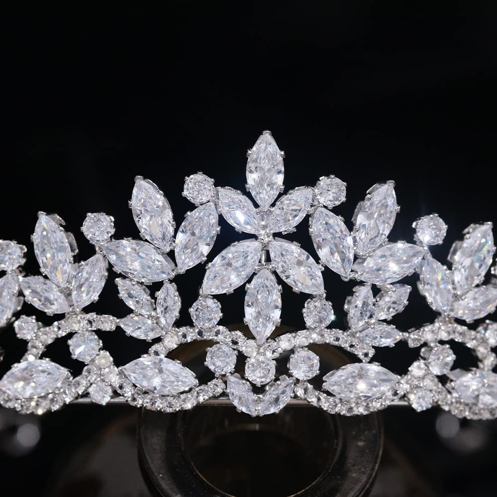 Aoligrace Silver Cubic Zirconia Small Wedding Crowns for Bride CZ Birthday Party Floral Tiaras Sweet 16 Prom Hair Accessories