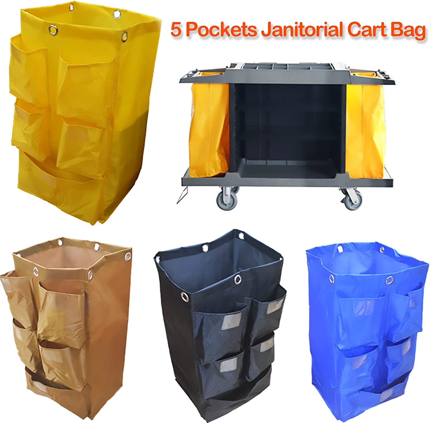 Replacement Janitorial Cart Bag(16 x 11 x 27 inches), Cleaning Cart Bag ,High Capacity Waterproof Thickened Housekeeping Commercial Janitorial (Yellow with 5 Pockets)