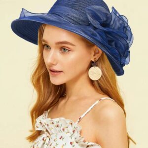 Wide-Brim-Kentucky-Hat Sun-Hat for Womens Foldable UV-Protection Summer-Derby-Tea-Party-Fascinator-Hats(M/L) Navy