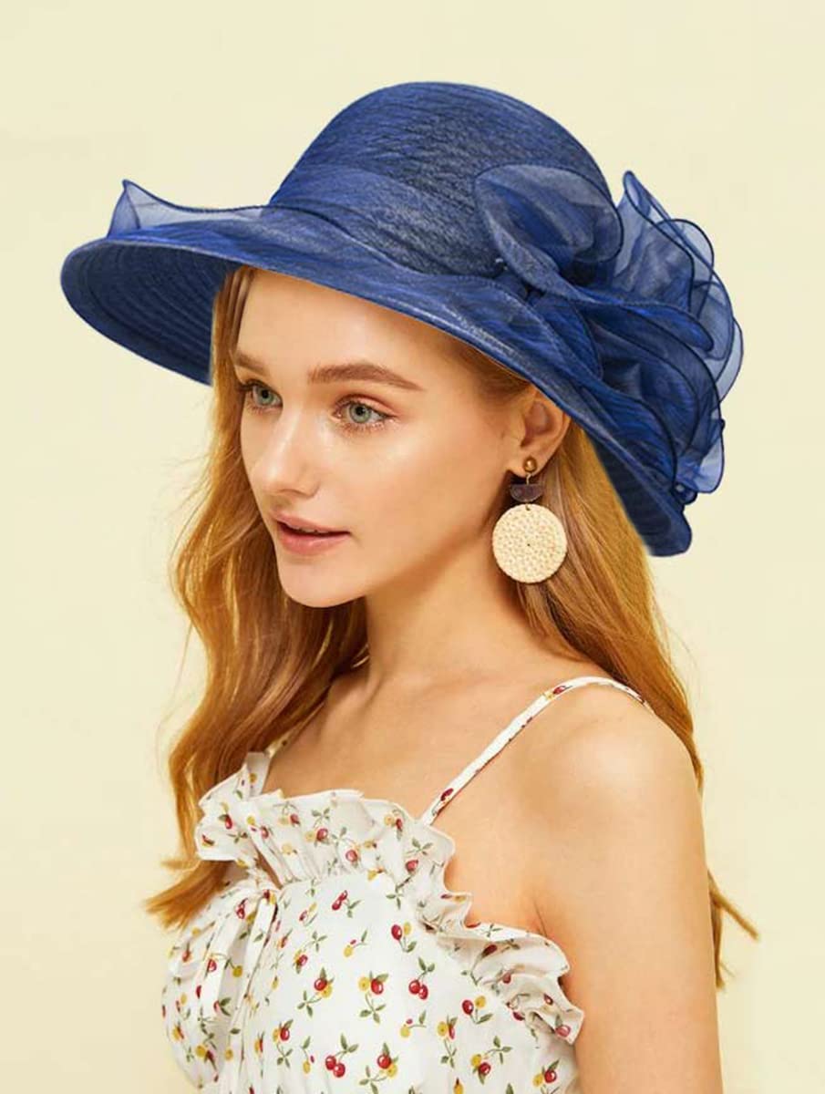 Wide-Brim-Kentucky-Hat Sun-Hat for Womens Foldable UV-Protection Summer-Derby-Tea-Party-Fascinator-Hats(M/L) Navy