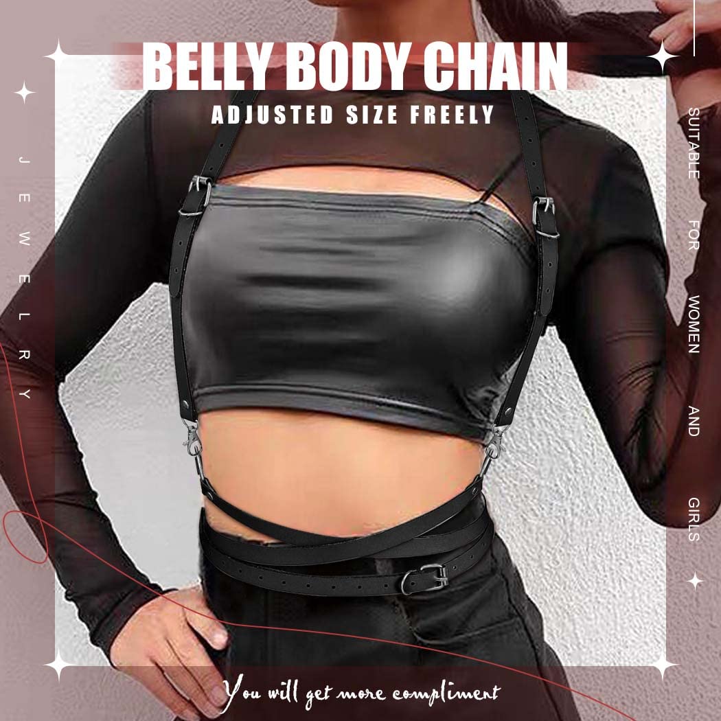 BODIY Women Loop Waist Belt Punk Rock Belts for Women Fashion Pu Leather Body Chain Rave Accessory (Black)