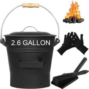 Fireplace Ash Bucket with Lid Shovel, Hand Broom and Gloves, 2.6 Gallon Charcoal Wood Fire Pits Burning Stoves, Coal/Large Pellet Metal Buckets/Hot Wood Carrier Pail Fire Pits Ash Can Cleaning Tools