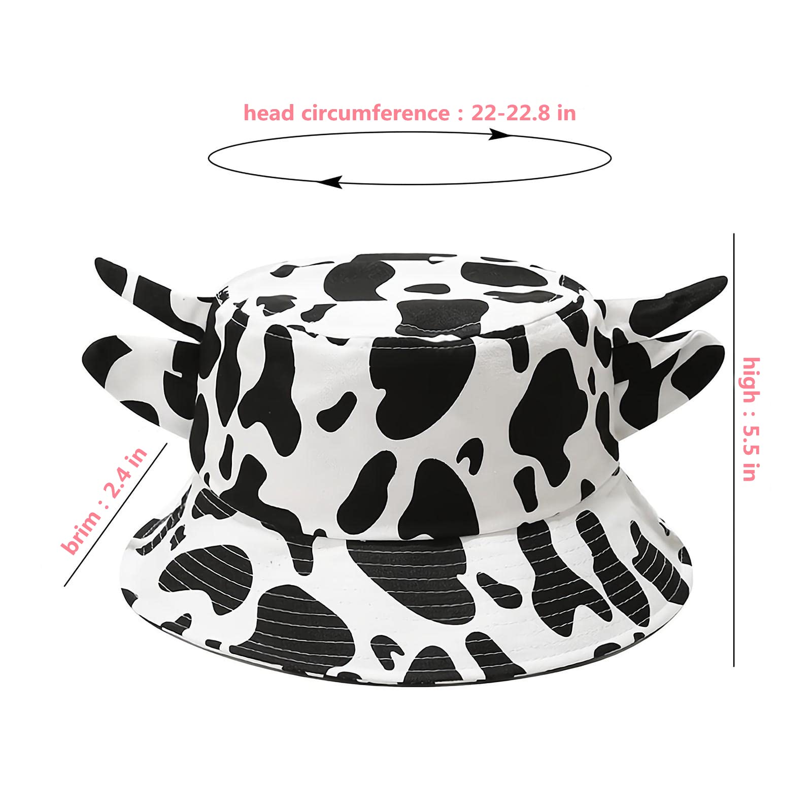 Cow Print Bucket Hat with Cute Horn Ears Cow Print Summer Beach Sun Hat Fisherman's Cow Bucket Hat (White)